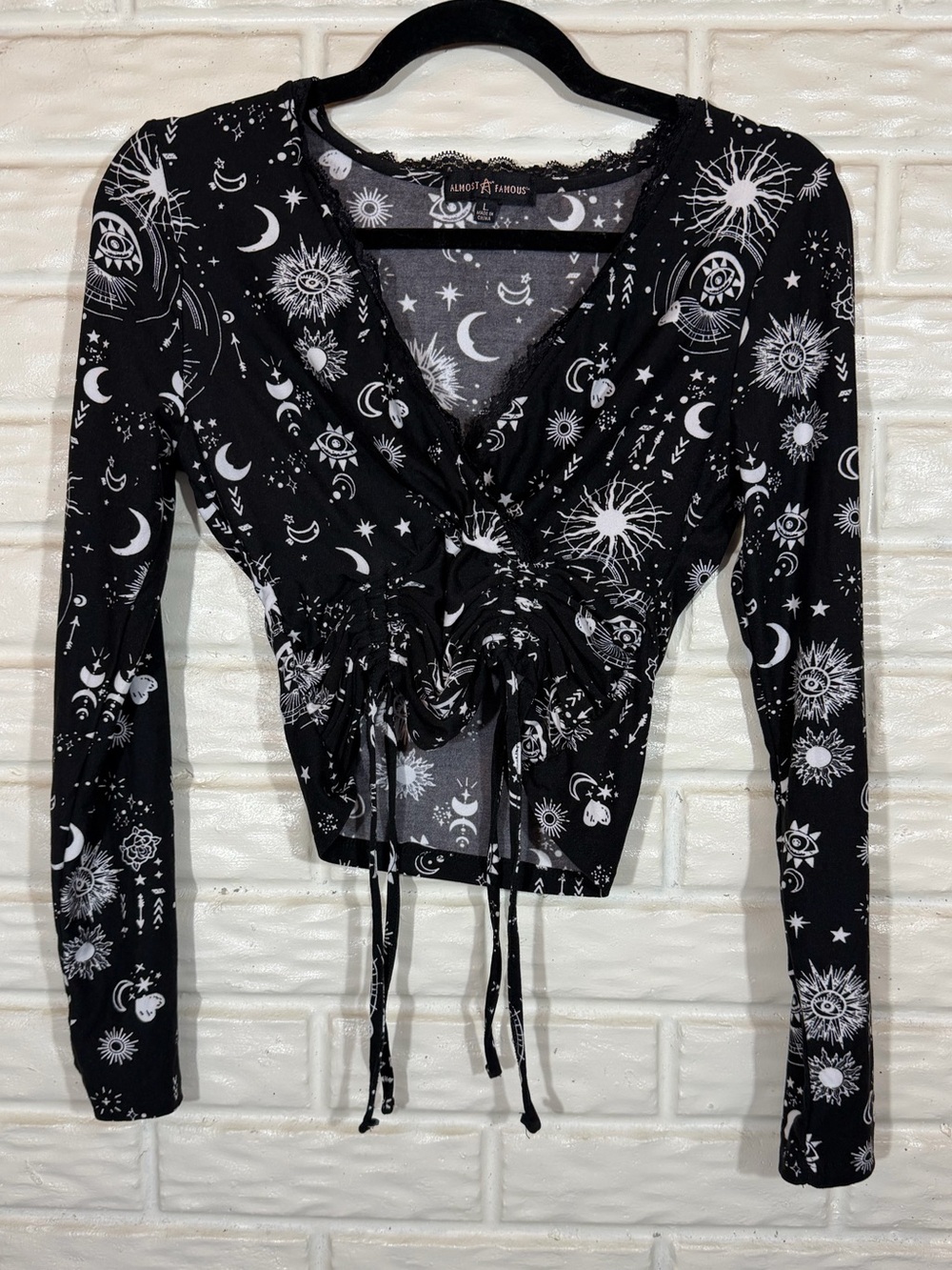 Almost Famous Y2K Celestial Ruched Drawstring Crop Top L Whimsy Goth